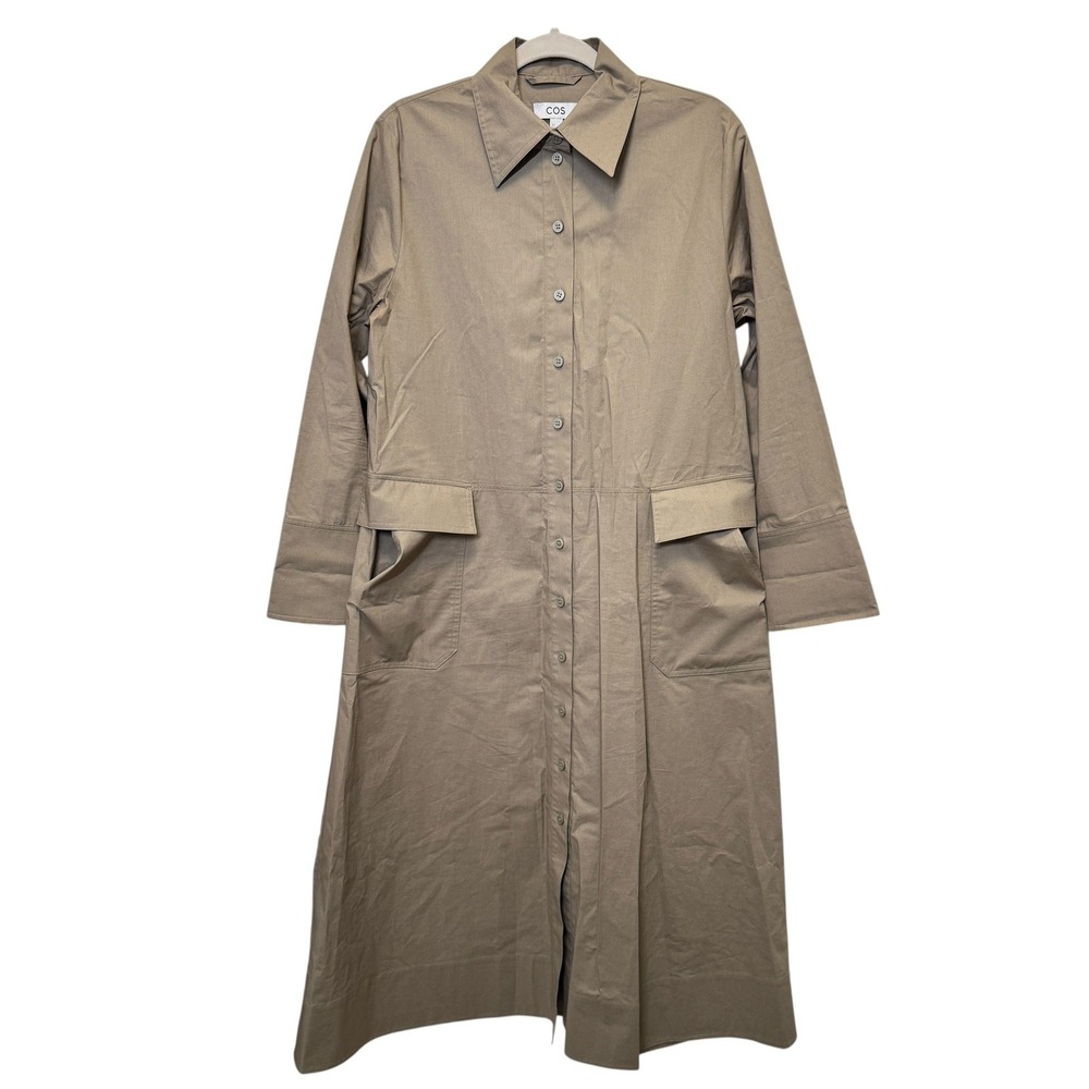 COS Cotton Utility Midi Shirt Dress 8 Khaki Long Sleeve Flap Pockets Minimalist